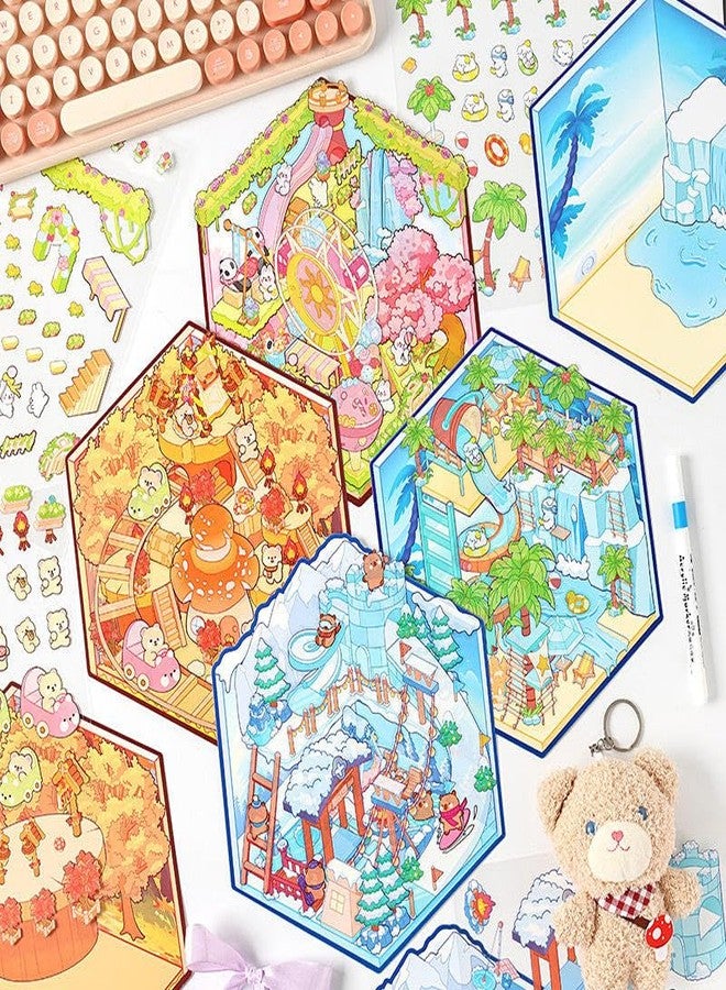 Palap TruGyft® DIY 3D House Stickers Pack of 4 with Tweezer - Cute Cartoon Scene Kits for Kids Large - Four Seasons to You- Spring Valley, Longhuan Island, Qiuyu Manor, Twilight Bale - Image 1